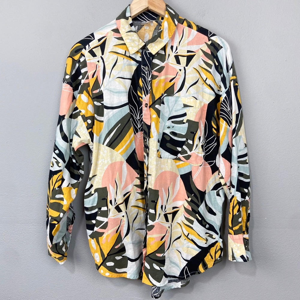 CALIA Linen Blend Shirt Size S Multicolor Tropical Button Down Oversized Top